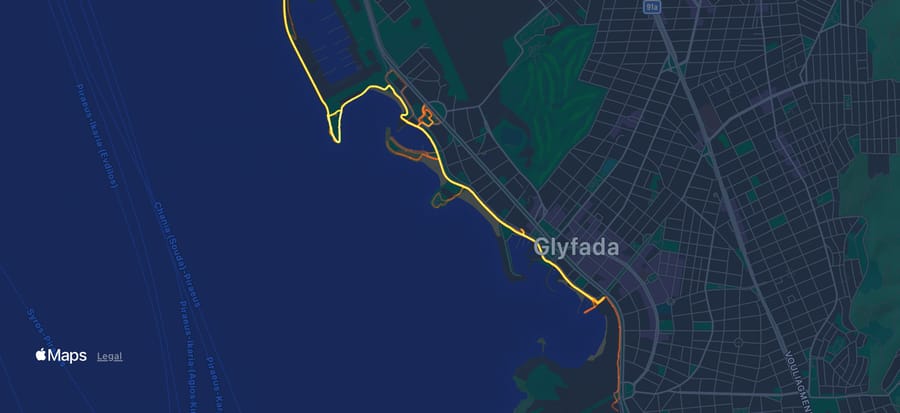 Personal running heat map showing workout routes in Athens