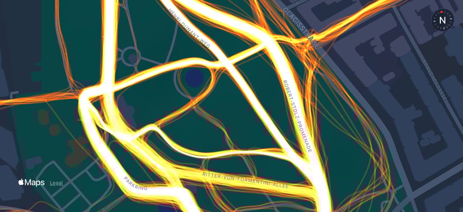 Workout heatmap showing running and cycling routes in Graz