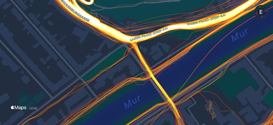 Cycling and running heatmap showing personal workout routes