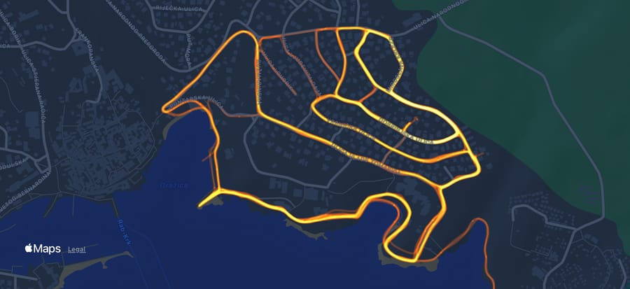 Exercise heatmap showing running routes on the island of Krk