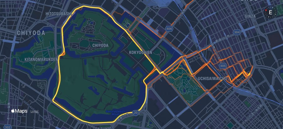 Strava heatmap alternative showing personal running routes in Tokyo